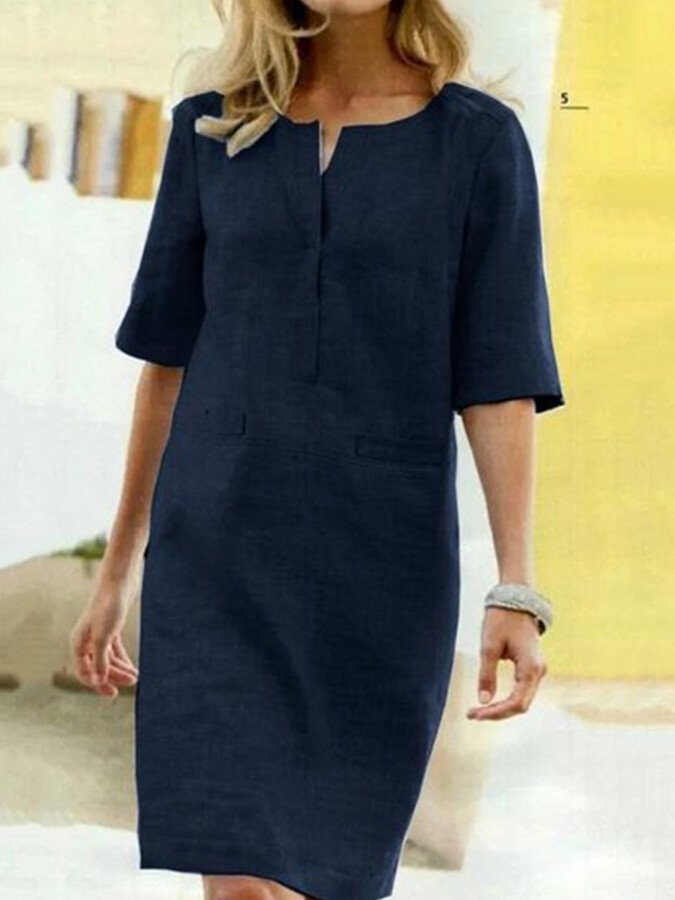 Women's Short Sleeve Cotton Blend Dress with Crew Neckline