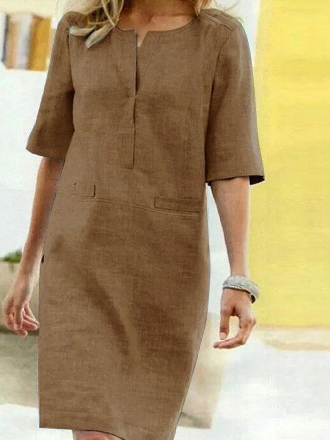 Women's Short Sleeve Cotton Blend Dress with Crew Neckline