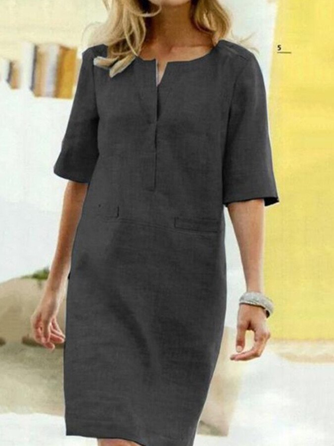 Women's Short Sleeve Cotton Blend Dress with Crew Neckline