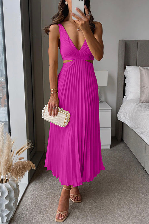 Women's Sleeveless V-Neck Pleated Midi Dress with Flowy Skirt
