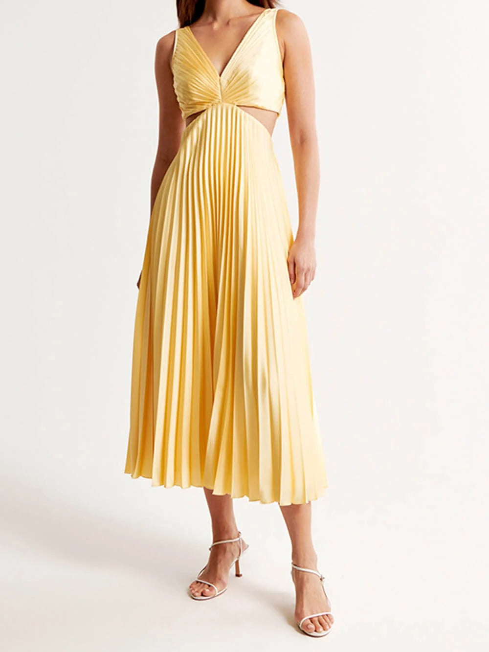Women's Sleeveless V-Neck Pleated Midi Dress with Flowy Skirt