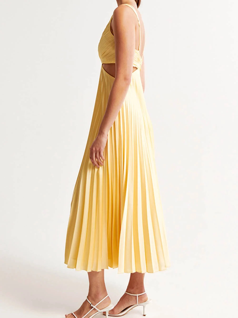 Women's Sleeveless V-Neck Pleated Midi Dress with Flowy Skirt