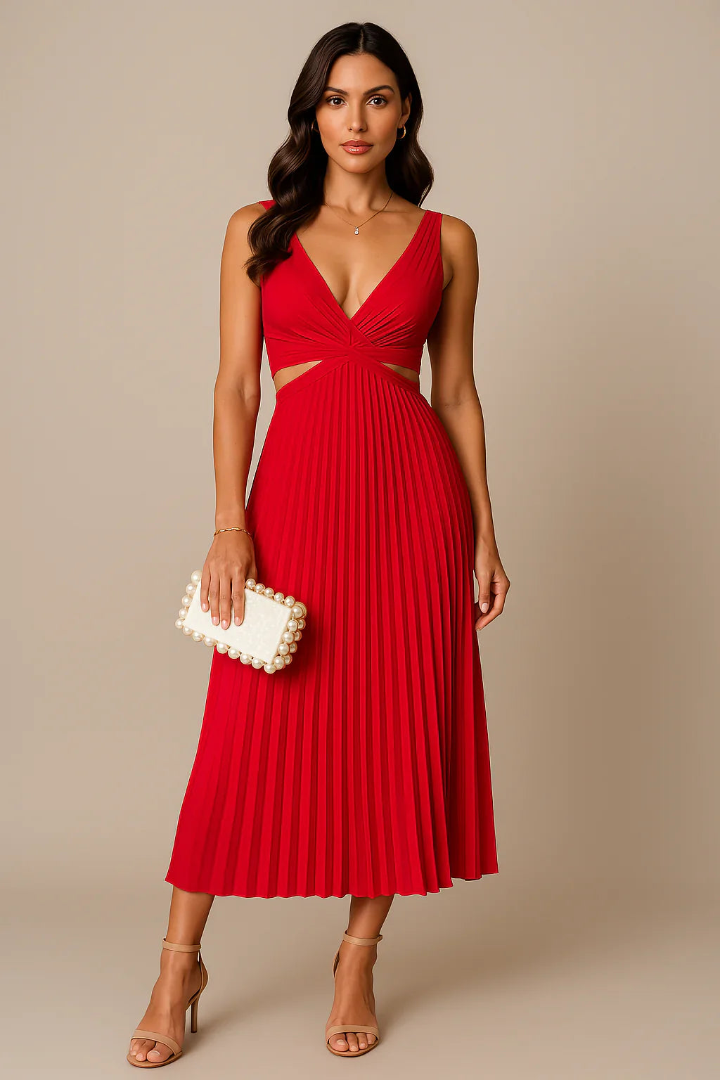 Women's Sleeveless V-Neck Pleated Midi Dress with Flowy Skirt