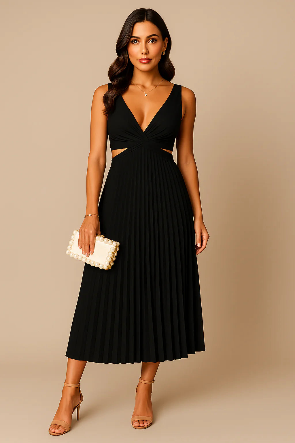 Women's Sleeveless V-Neck Pleated Midi Dress with Flowy Skirt