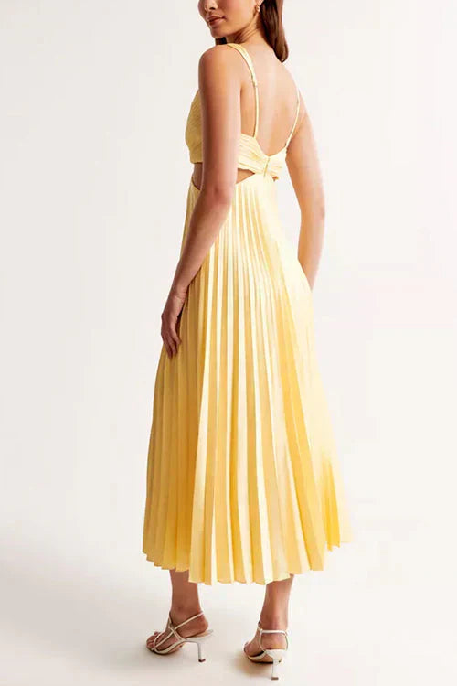 Women's Sleeveless V-Neck Pleated Midi Dress with Flowy Skirt