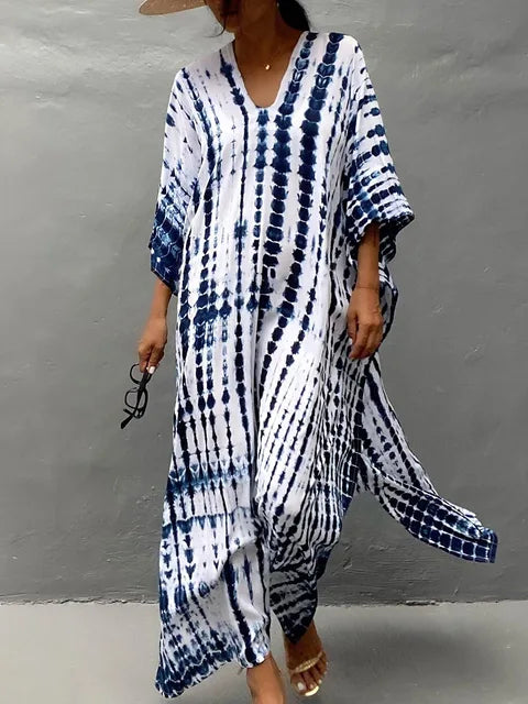 Women's Summer Kaftan Maxi Dress with V-Neck and Short Sleeves