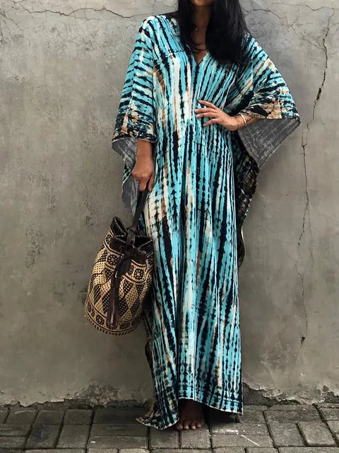 Women's Summer Kaftan Maxi Dress with V-Neck and Short Sleeves