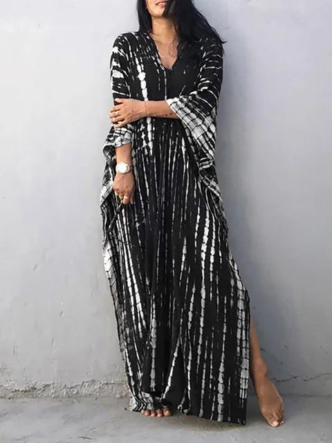 Women's Summer Kaftan Maxi Dress with V-Neck and Short Sleeves