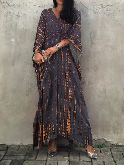Women's Summer Kaftan Maxi Dress with V-Neck and Short Sleeves