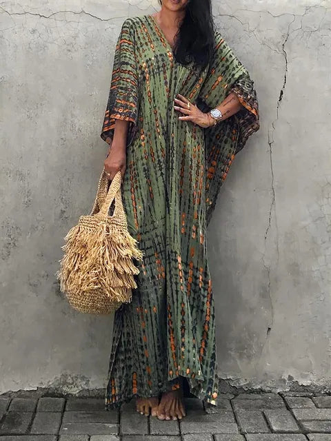 Women's Summer Kaftan Maxi Dress with V-Neck and Short Sleeves
