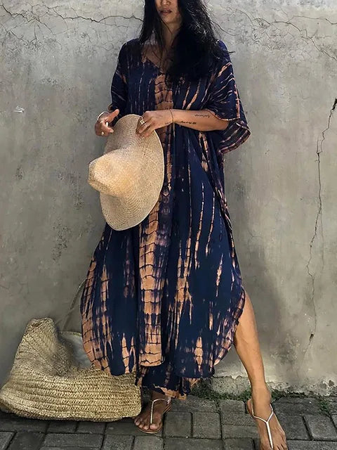 Women's Summer Kaftan Maxi Dress with V-Neck and Short Sleeves