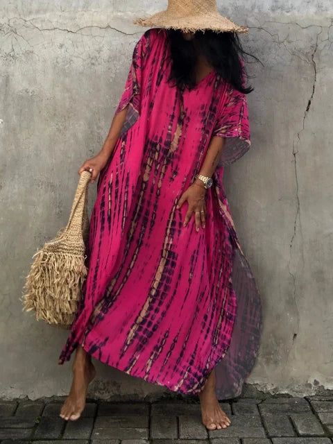 Women's Summer Kaftan Maxi Dress with V-Neck and Short Sleeves