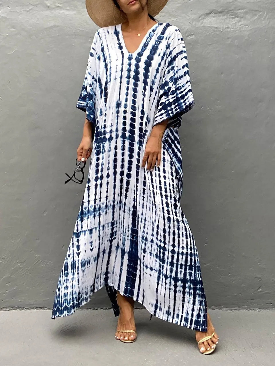 Women's Summer Kaftan Maxi Dress with V-Neck and Short Sleeves