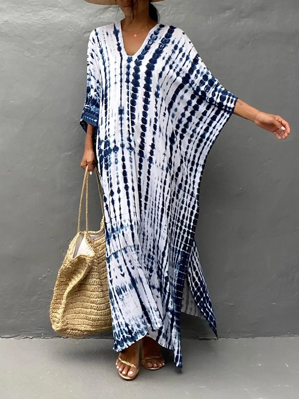 Women's Summer Kaftan Maxi Dress with V-Neck and Short Sleeves
