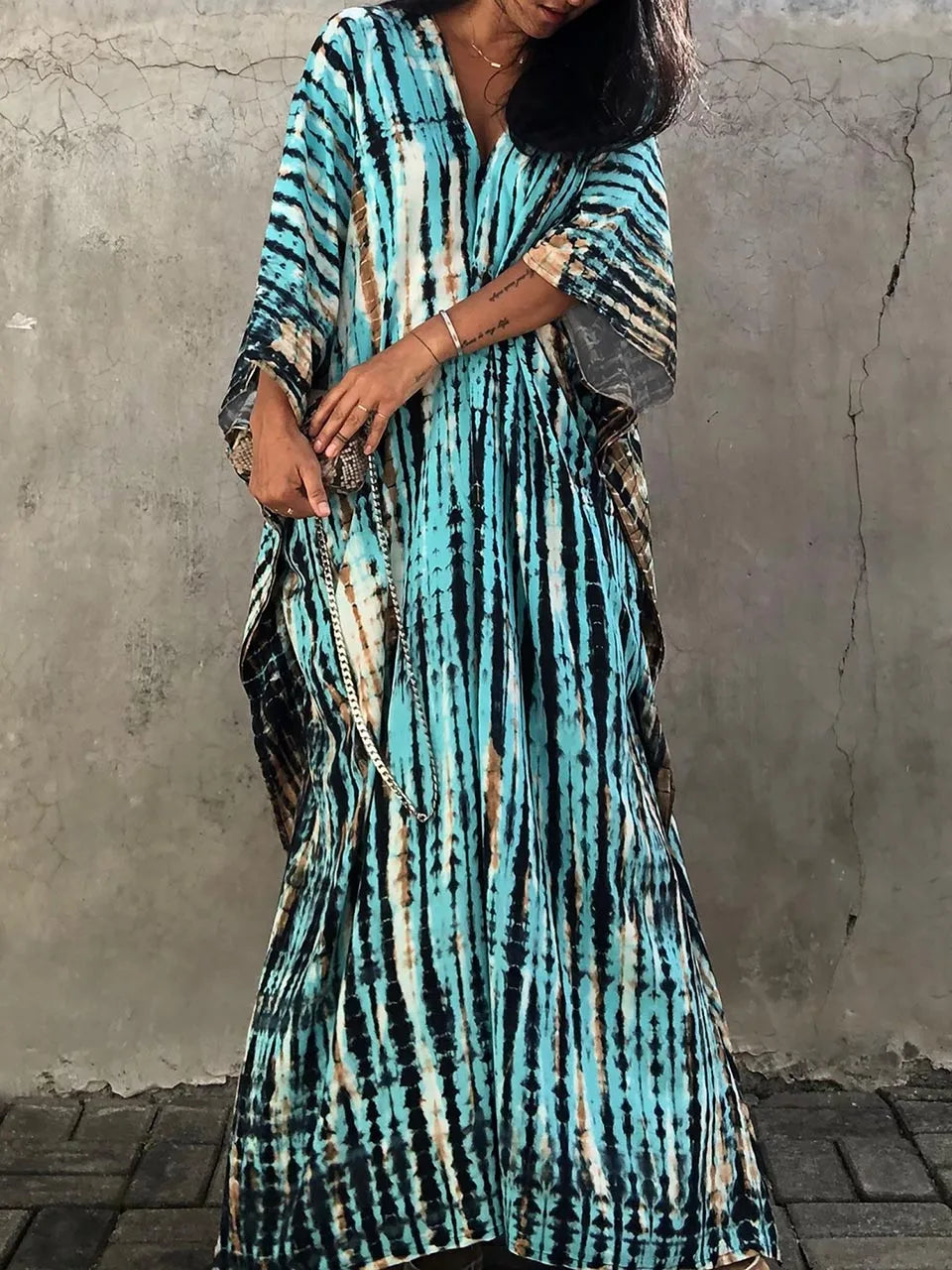 Women's Summer Kaftan Maxi Dress with V-Neck and Short Sleeves