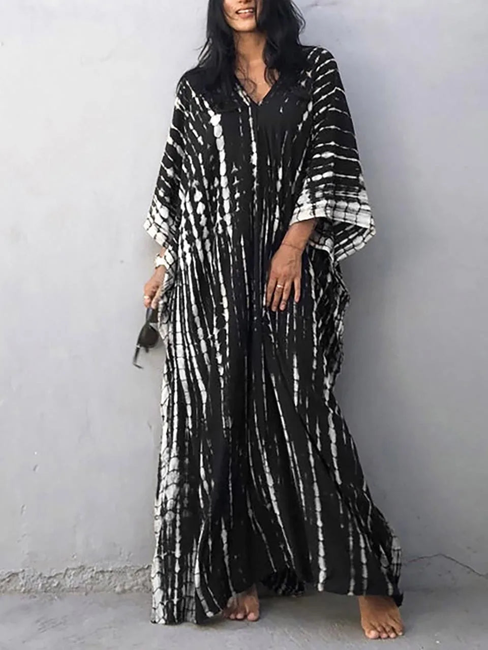 Women's Summer Kaftan Maxi Dress with V-Neck and Short Sleeves
