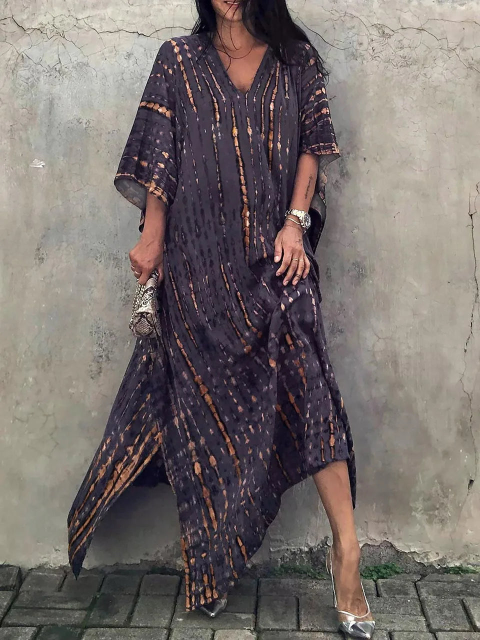 Women's Summer Kaftan Maxi Dress with V-Neck and Short Sleeves