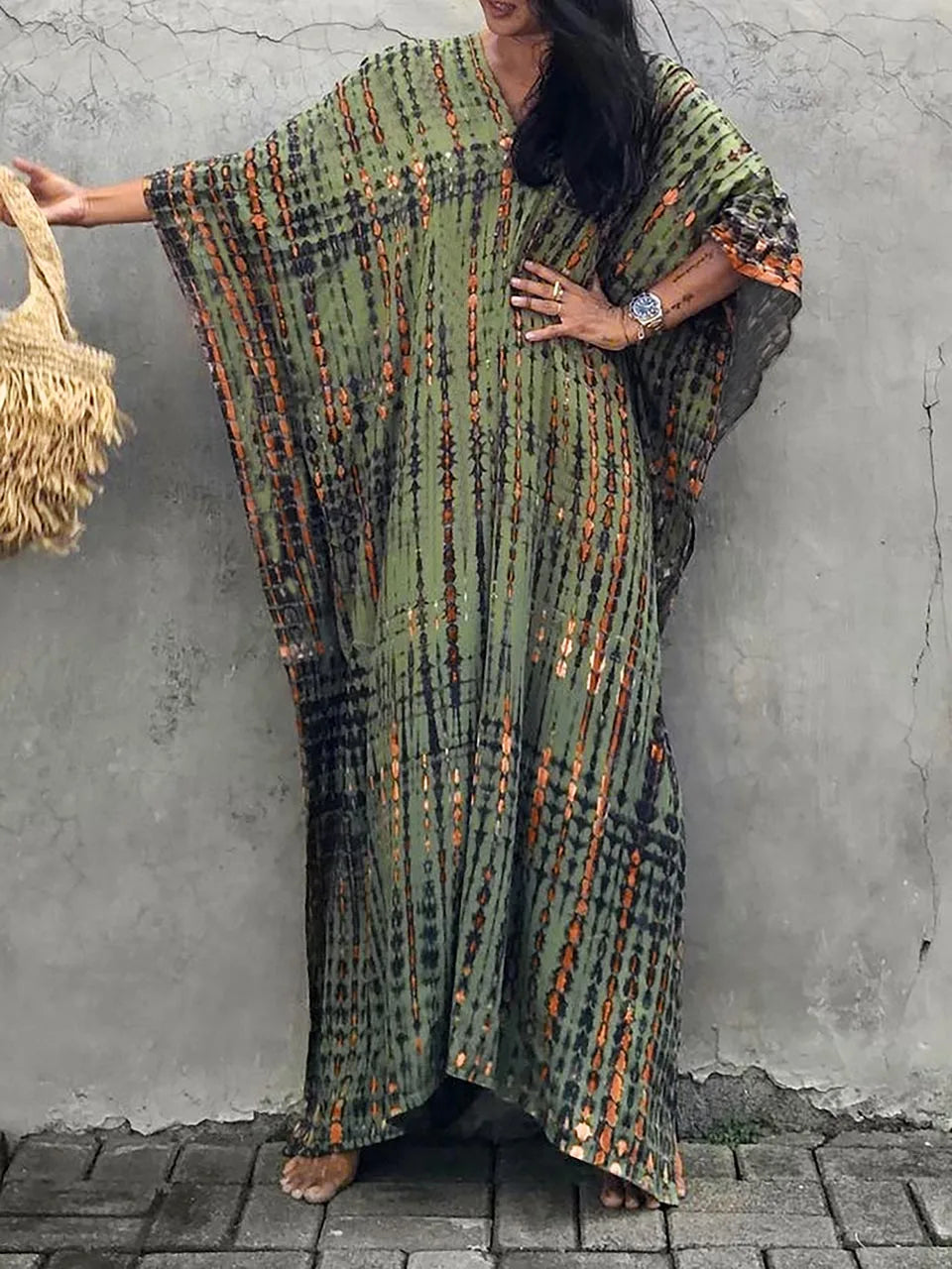 Women's Summer Kaftan Maxi Dress with V-Neck and Short Sleeves