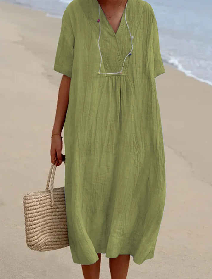 Women's V-Neck Cotton Blend Midi Dress with Tie Waist