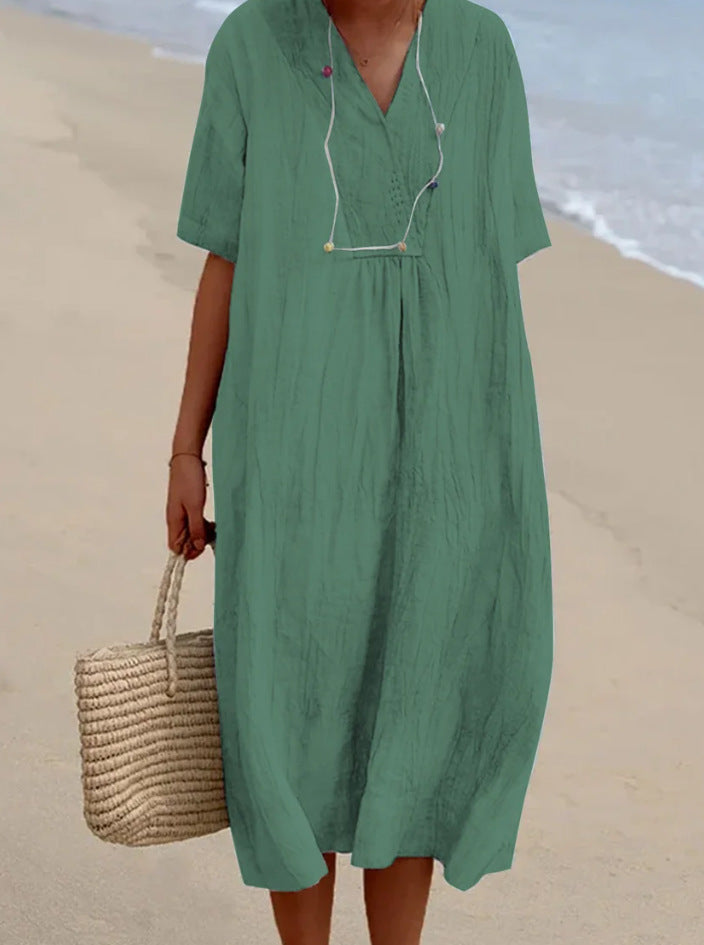 Women's V-Neck Cotton Blend Midi Dress with Tie Waist