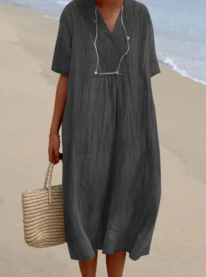 Women's V-Neck Cotton Blend Midi Dress with Tie Waist