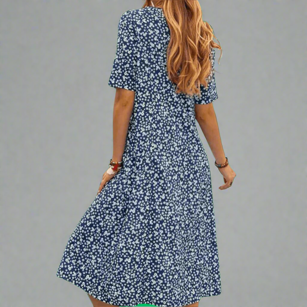 Women's V-Neck Floral Midi Dress with Short Sleeves Casual Style
