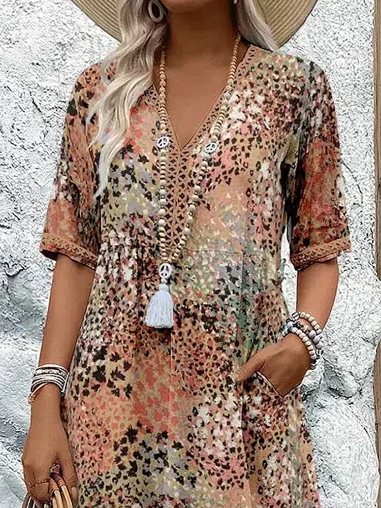Women’s V-Neck Midi Dress with Short Sleeves