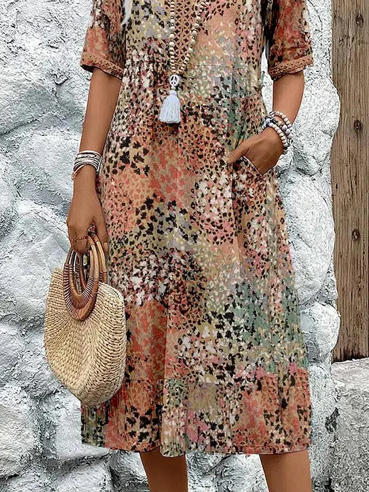 Women’s V-Neck Midi Dress with Short Sleeves