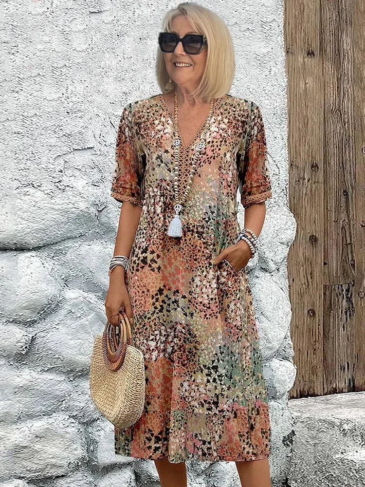 Women’s V-Neck Midi Dress with Short Sleeves