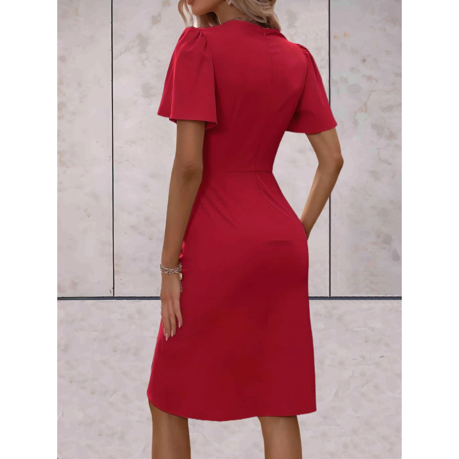 Women's V-Neck Midi Wrap Dress with Tie Waist for Formal Occasions