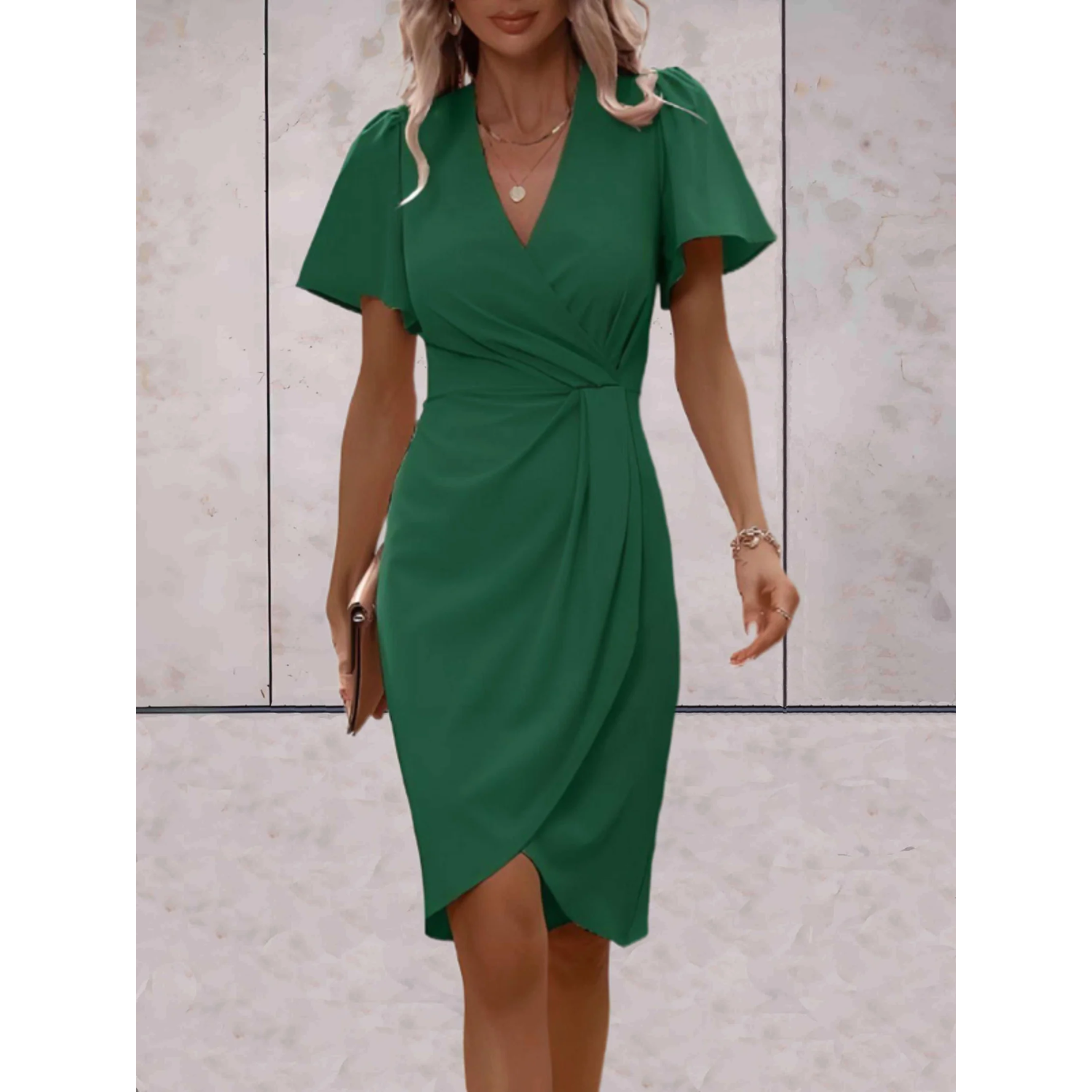 Women's V-Neck Midi Wrap Dress with Tie Waist for Formal Occasions