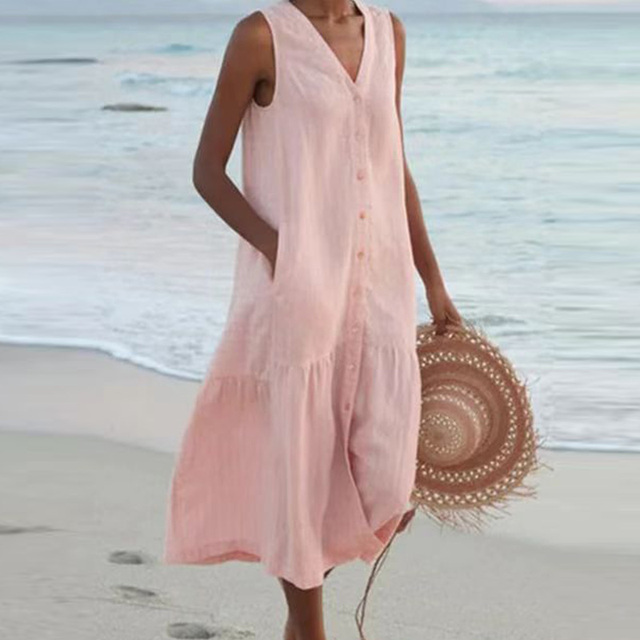 Women's V-Neck Sleeveless Dress with Lightweight Fabric Casual Fit