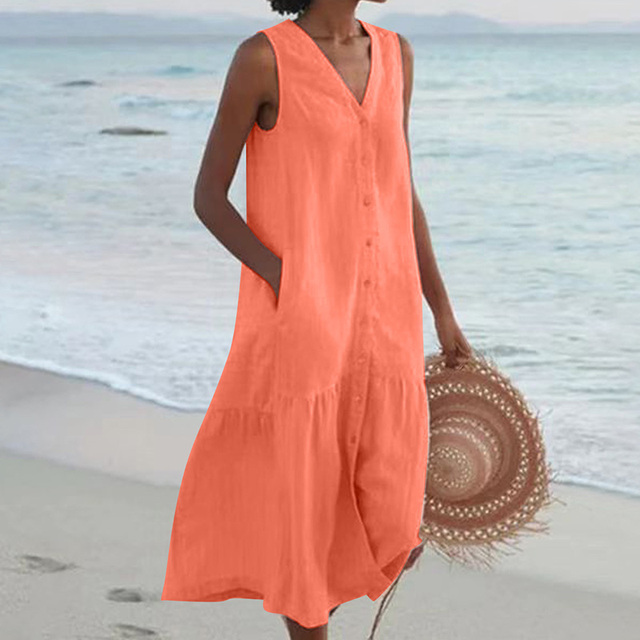 Women's V-Neck Sleeveless Dress with Lightweight Fabric Casual Fit
