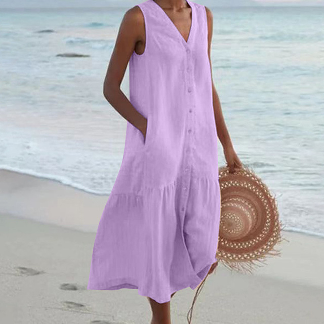 Women's V-Neck Sleeveless Dress with Lightweight Fabric Casual Fit