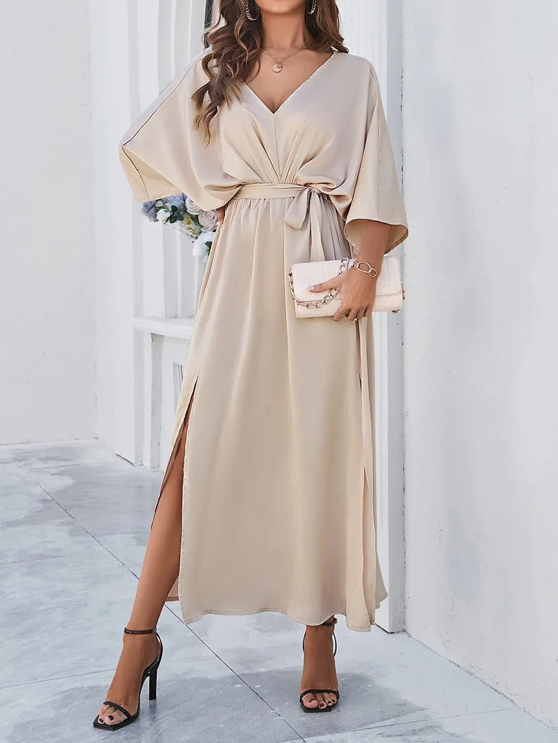 Flowing Spring Midi Dress with V-Neck