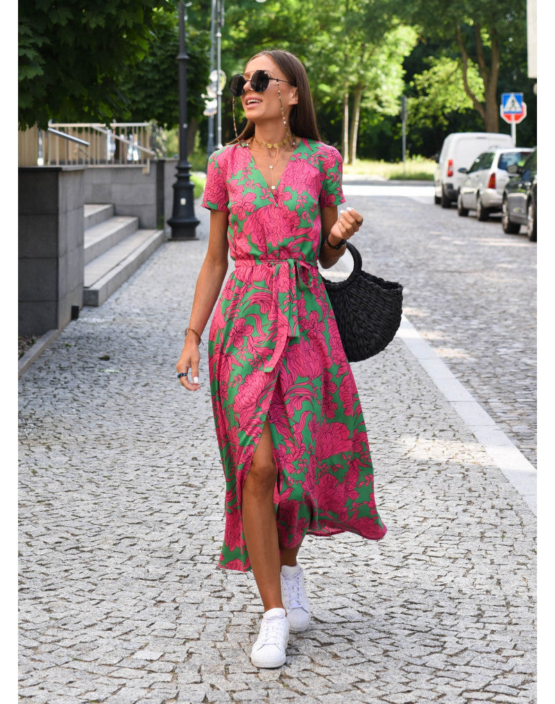 Maxi Dress with Floral Deep V-Neck