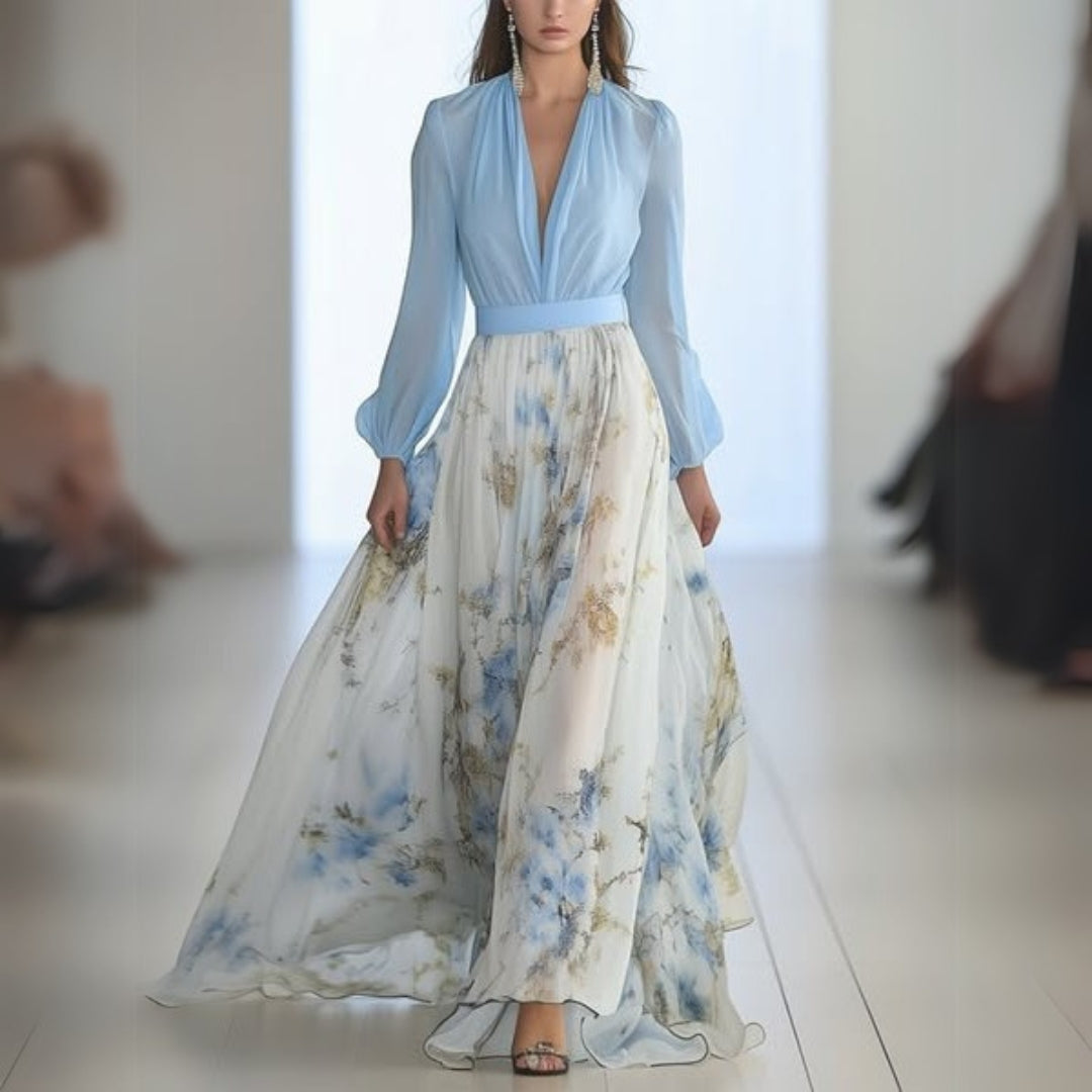 Floral Maxi Dress with V-Neck and Short Sleeves for Women