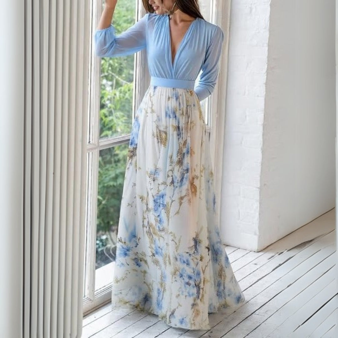 Floral Maxi Dress with V-Neck and Short Sleeves for Women