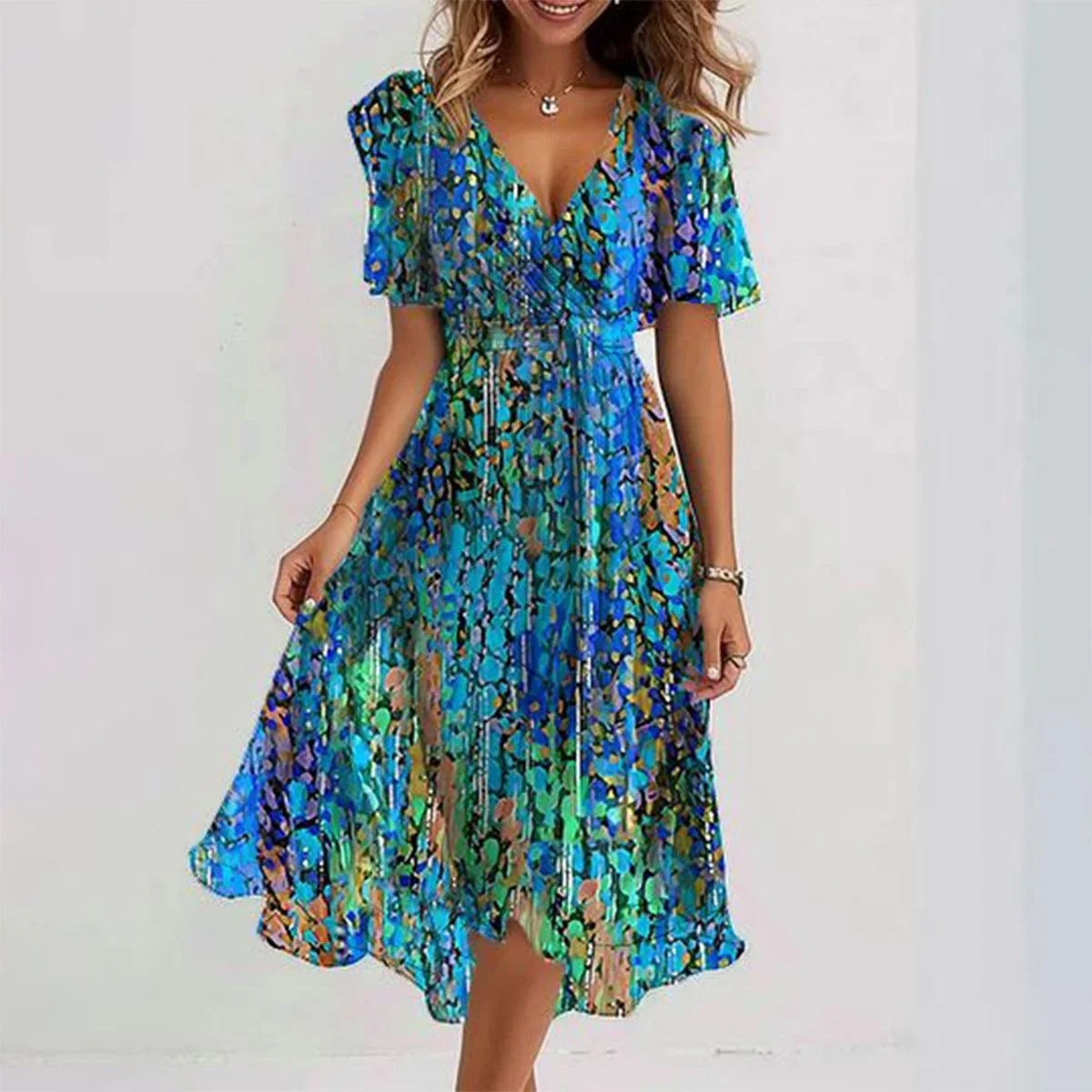 Floral Midi Dress with V-Neck and Short Sleeves