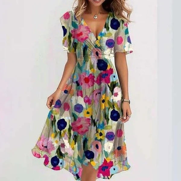 Floral Midi Dress with V-Neck and Short Sleeves