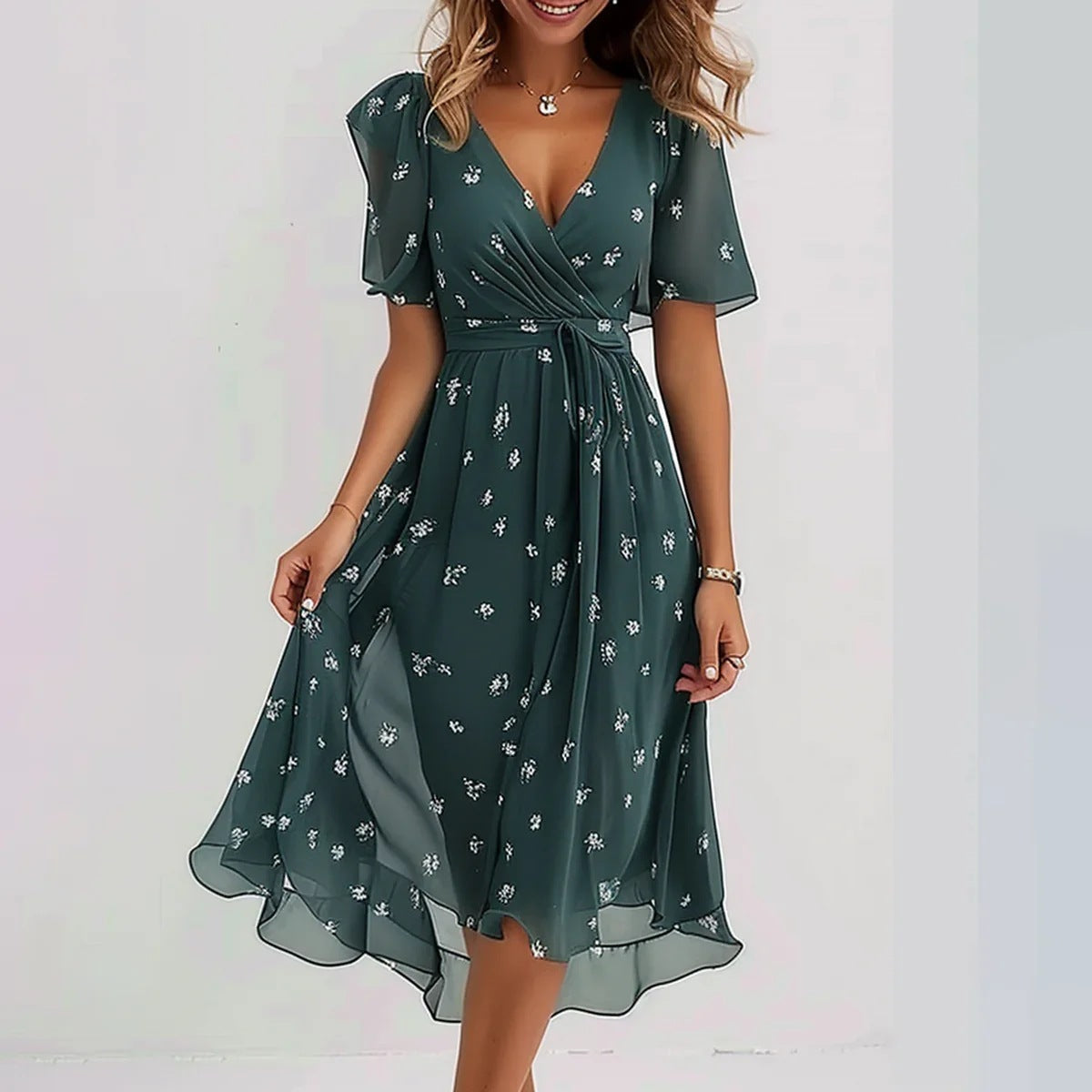Floral Midi Dress with V-Neck and Short Sleeves
