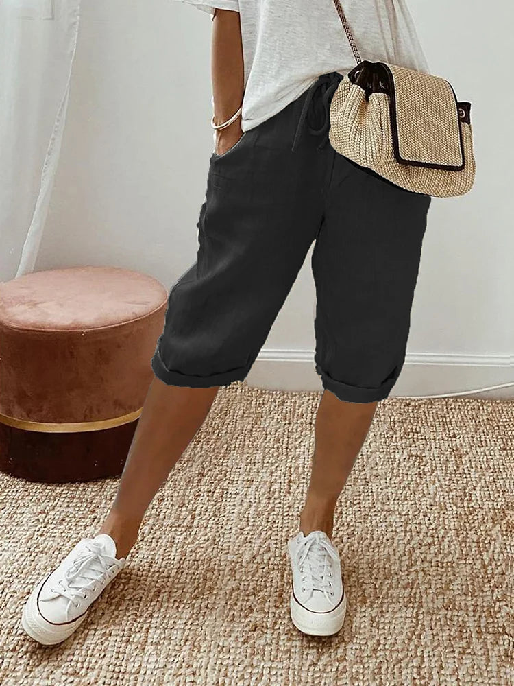 Unisex Linen Shorts Lightweight Casual Drawstring Summer Bottoms