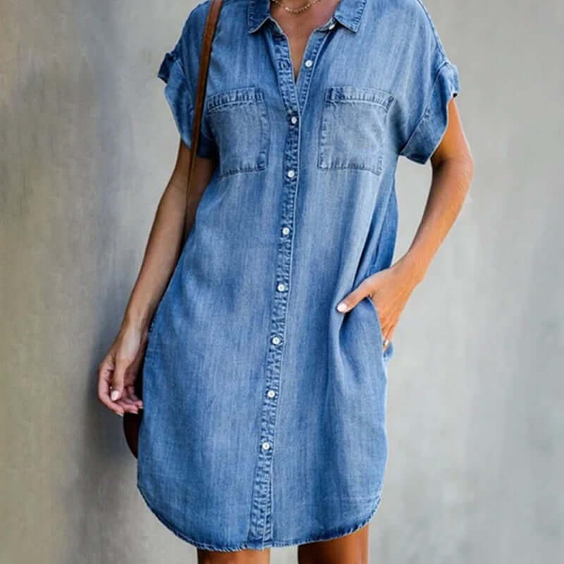 Women's Button Front Denim Dress with Pockets Casual Fit