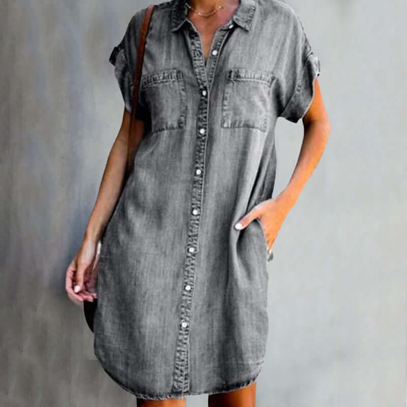 Women's Button Front Denim Dress with Pockets Casual Fit