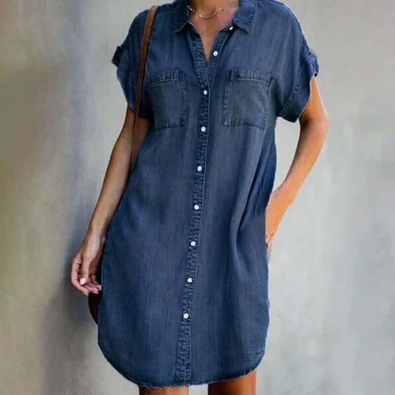 Women's Button Front Denim Dress with Pockets Casual Fit