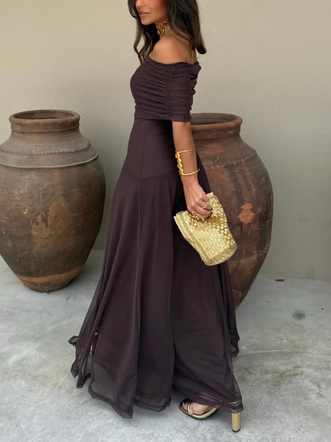 Women's Casual V-Neck Dress with Short Sleeves and Flared Skirt