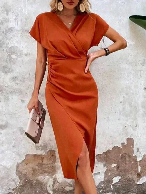 Women's Cross-Over Midi Dress with V-Neck and Short Sleeves