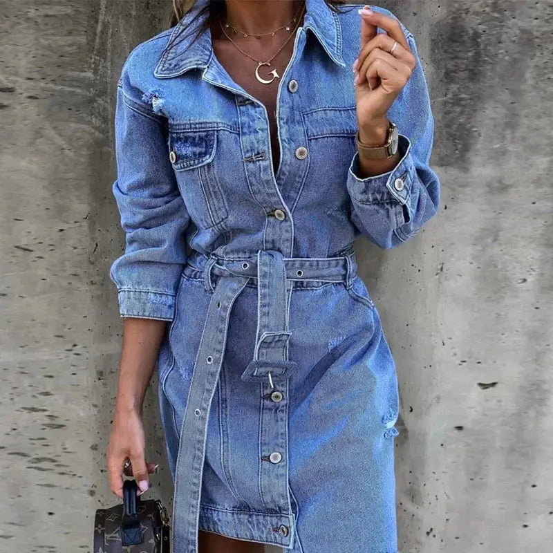 Women's Denim Dress with Classic Fit and Button Front Design