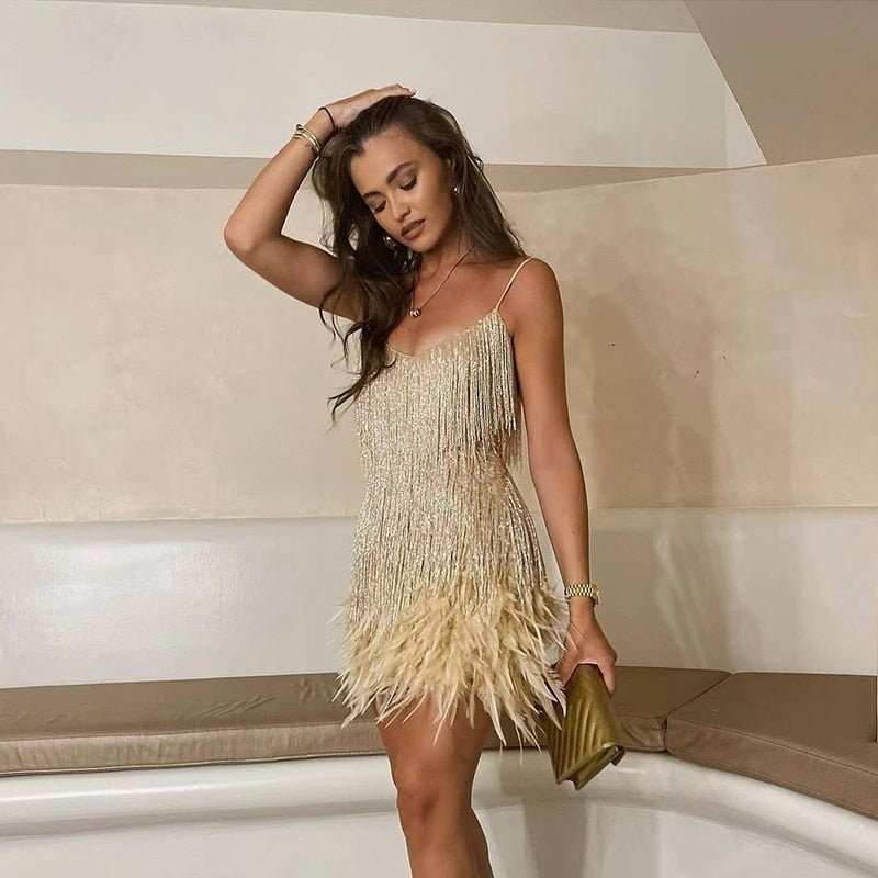 Women's Feather Mini Dress Short Partywear Evening Dress