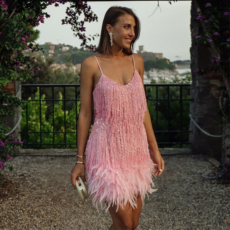 Women's Feather Mini Dress Short Partywear Evening Dress